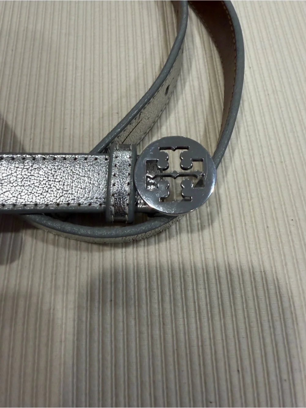 Tory Burch Silver Metallic Leather Logo Buckle Belt